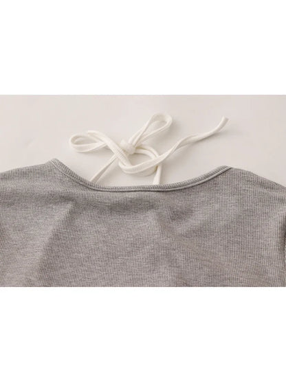 Womnen Korean Fashion Long Sleeve Hollow Out Crop Top Gyaru Fake Two Pieces T-Shirts Grunge Coquette Girl Lace Up Tees 2000s Y2k
