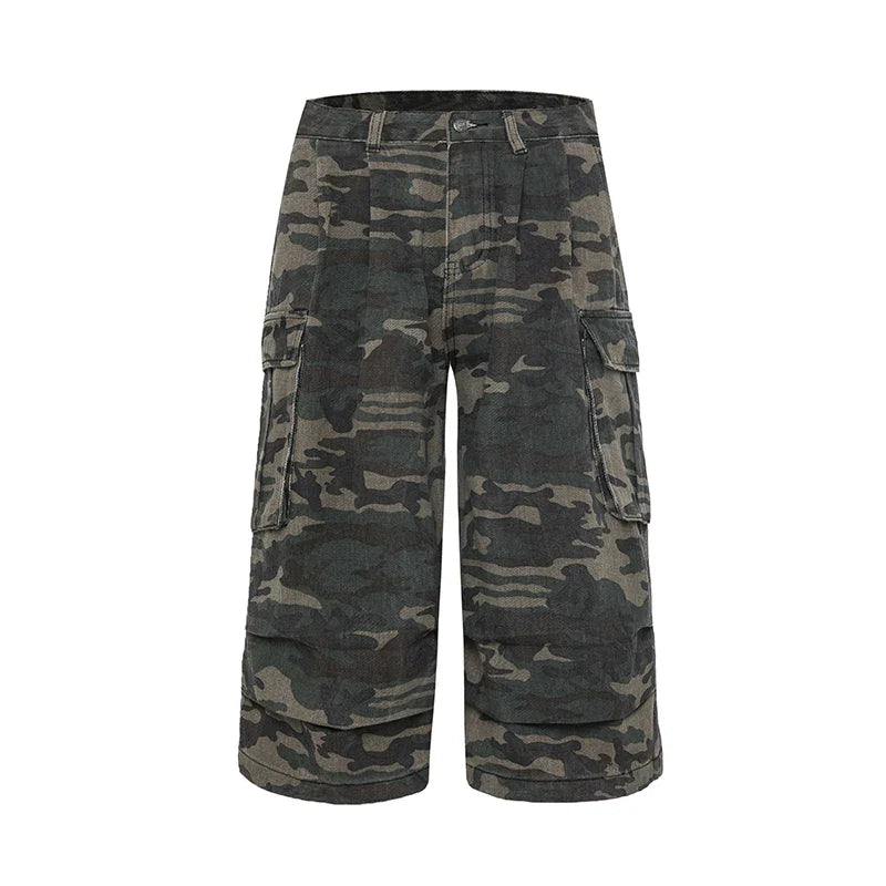 Cargo Pockets Camouflage Baggy Jorts Women Pleated Pintuck Loose Casual High Rise Denim Shorts Harajuku Retro Clothes