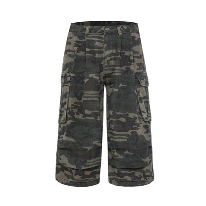 Cargo Pockets Camouflage Baggy Jorts Women Pleated Pintuck Loose Casual High Rise Denim Shorts Harajuku Retro Clothes