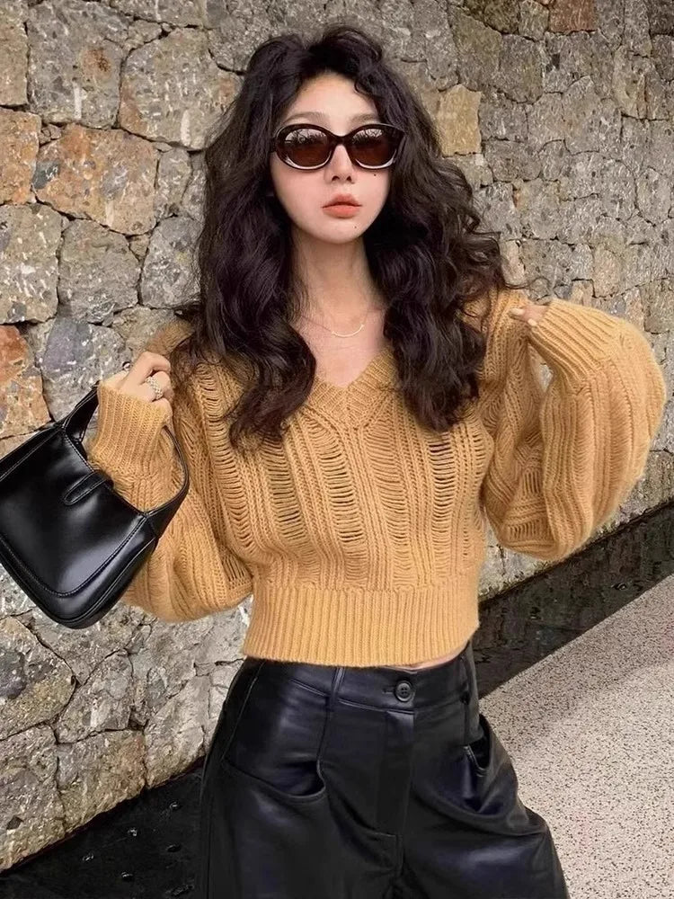 maoxiangshop  -  Unique Design Hollow V-Neck Sweater Women's Autumn And Winter Solid Color Versatile Slimming Knit Sweater