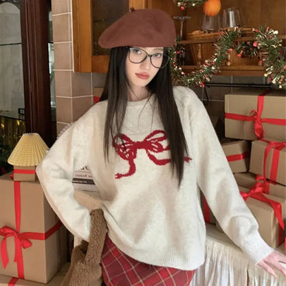 maoxiangshop  -  Women Autumn Winter Vintage Fashion Loose Bow O-neck Long Sleeve Knitwear Women Clothes Office Lady All-match Temperament Tops