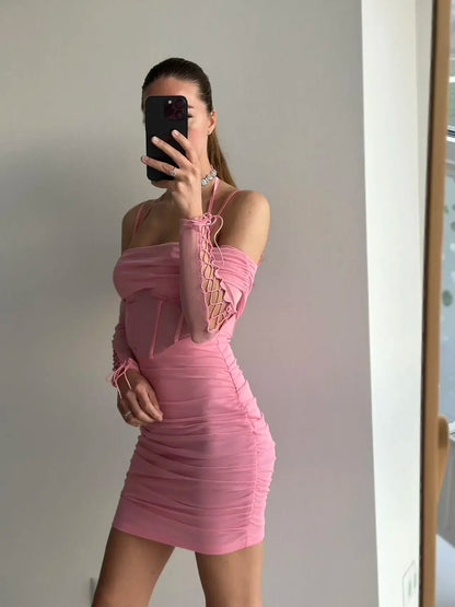 Elegant Off The Shoulder Mesh Dress Sexy Halter Boning Bodycon Birthday Party Dresses Pink Summer Dresses Women