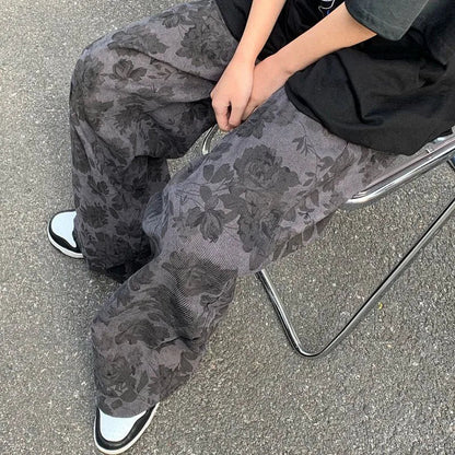 Lucyever Summer Thin Retro Corduroy Pants Women Harajuku Printed Baggy Wide Leg Trousers Teen High Street Unisex Hip Hop Pants