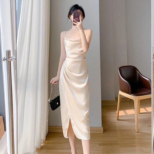 2024 Spring And Summer New Fashion Style Satin Halter Dress Waist Slit Wrap Hip Skirt Sun Cardigan Skirt Women's Two-piece Set