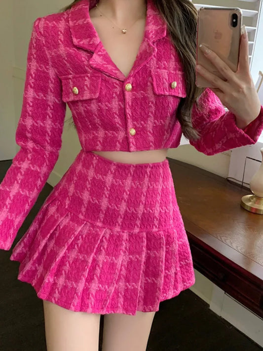 maoxiangshopFall Small Fragrance Vintage Tweed Two Piece Set Women Crop Top Woolen Short Jacket Coat + Mini Skirts Sets Sweet 2 Piece Suits