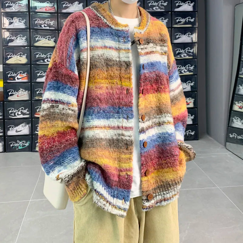 maoxiangshop Striped Cardigan Sweater Men Korean Knitted Sweater Pullover Harajuku Hip Hop Streetwear Loose Knitwear Coat Male Clothes