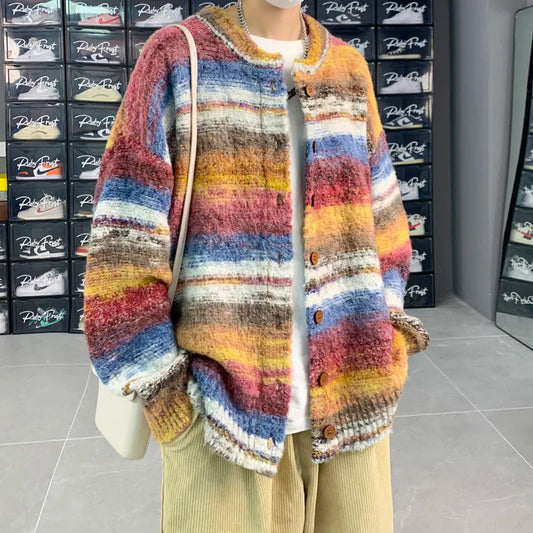maoxiangshop Striped Cardigan Sweater Men Korean Knitted Sweater Pullover Harajuku Hip Hop Streetwear Loose Knitwear Coat Male Clothes
