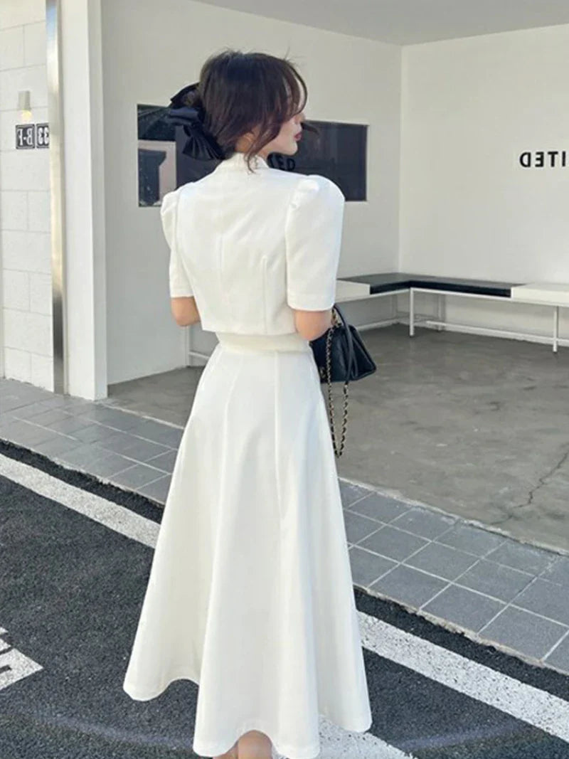 maoxiangshop Fashion Korean Sweet Elegant 2 Piece Set Spring Summer Office Lady Skirt Suits Ruffles Polo Collar Knee-length Dresses for Women