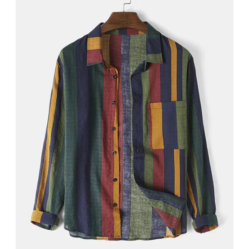 maoxiangshop Spring and Autumn Men's Street Colorful Vertical Stripes Loose Relaxed Polo Collar Single Breasted Long Sleeve Shirt New
