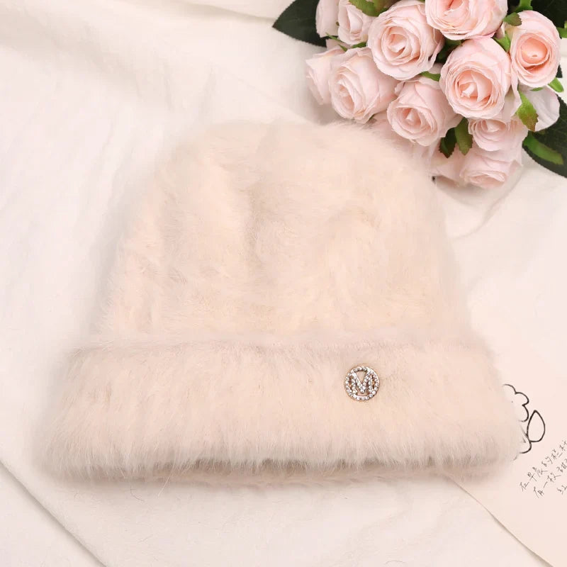 maoxiangshop New Fashion Rabbit Fur Y2k Beanies for Women Soft Warm Fluffy Angola Winter Hat Female Windproof Bonnet Hat Skullies Cap