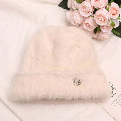 maoxiangshop New Fashion Rabbit Fur Y2k Beanies for Women Soft Warm Fluffy Angola Winter Hat Female Windproof Bonnet Hat Skullies Cap