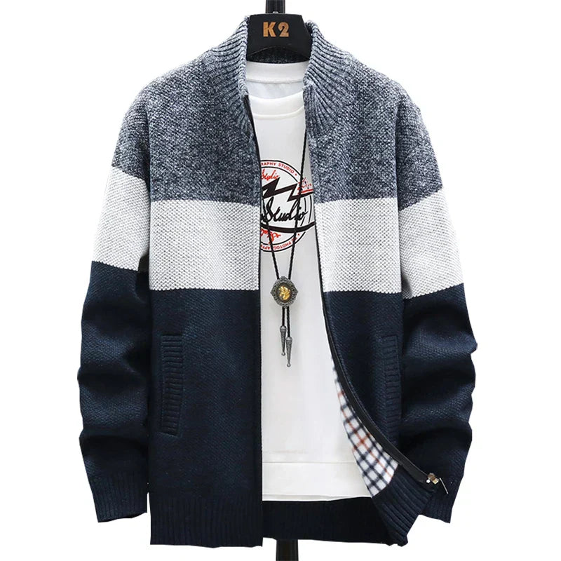 maoxiangshop Winter Men Sweater Add Velvet Cardigan Patchwork Color Stand Collar Male Casual Zipper Knitted Thick Warm Sweatercoat