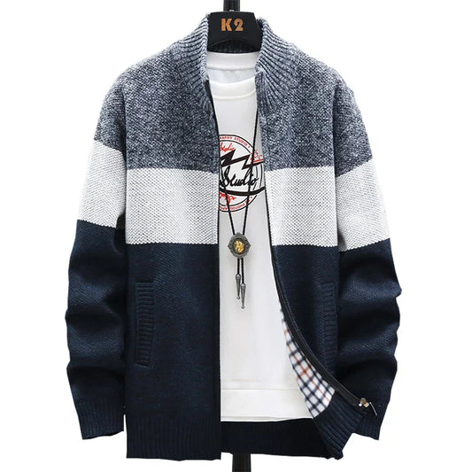 maoxiangshop Winter Men Sweater Add Velvet Cardigan Patchwork Color Stand Collar Male Casual Zipper Knitted Thick Warm Sweatercoat