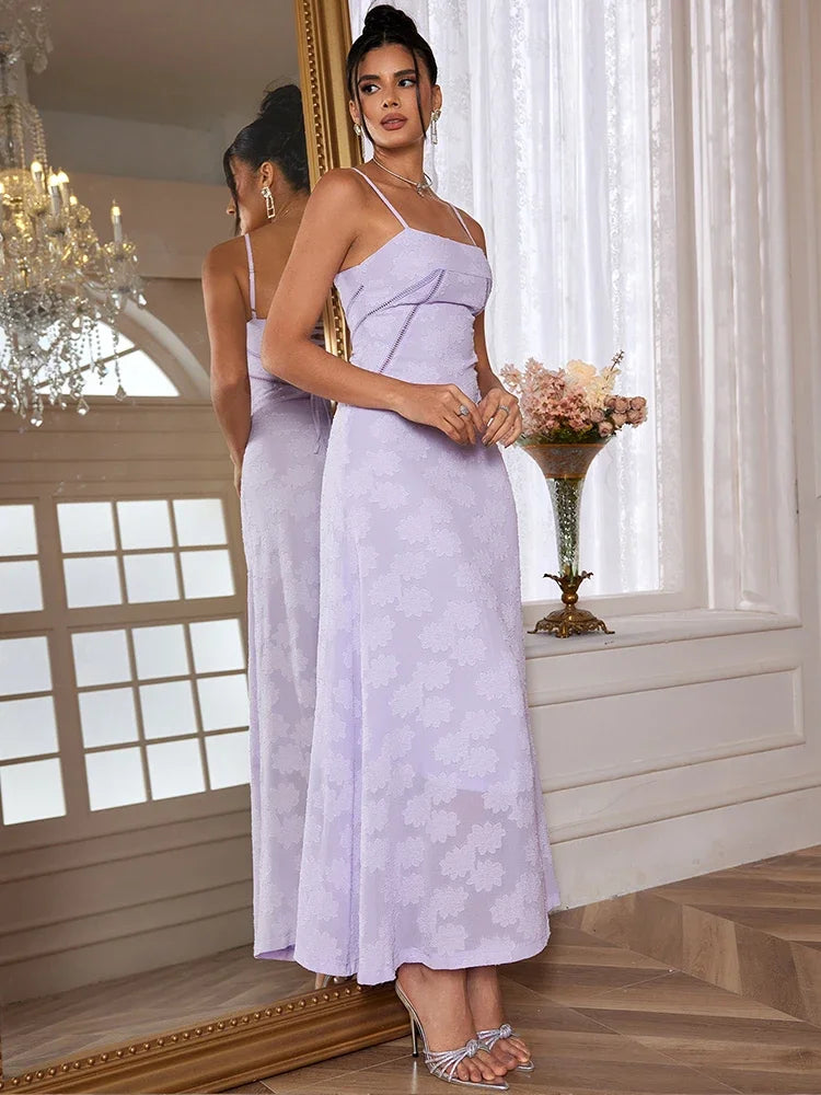 New Summer Elegant Maxi Dress  New Arrival Purple Spaghetti Strap Wedding Guest Dress Lace Up Party Dresses