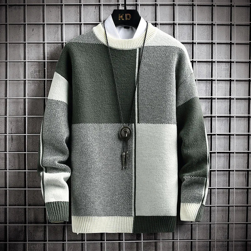 maoxiangshop Half High Collar Color Blocking Warm Sweater/ High Quality Men Spring Autumn Slim Leisure Korean Long Sleeve Loose Knit Pullover