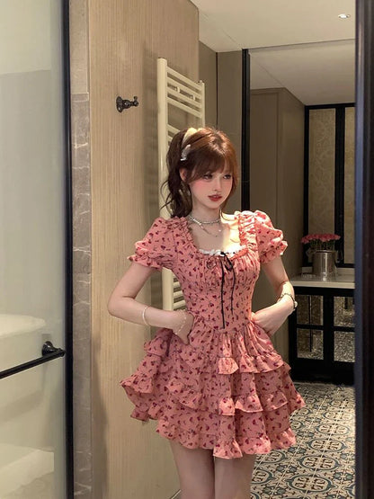 Summer Sweet Spicy Girl Princess Dress Woman French Elegant Floral Y2k Mini Dress Party Cute One Piece Dress Korean Fashion