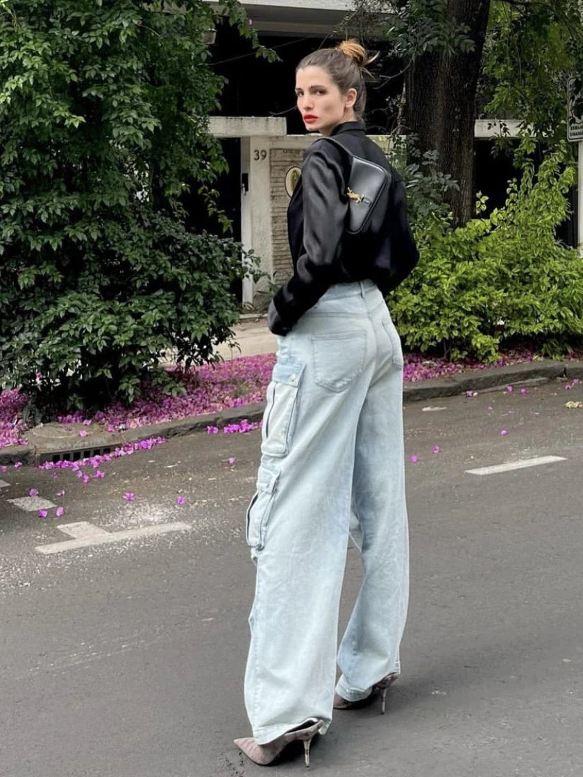 maoxiangshop -  Women Spring Fall Muti Pocket Cargo Wide Leg Denim Jeans Pants Trousers