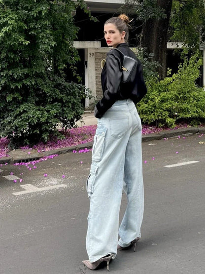 maoxiangshop -  Women Spring Fall Muti Pocket Cargo Wide Leg Denim Jeans Pants Trousers