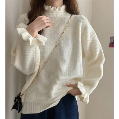 maoxiangshop Women Ruffles Thicken Warm Sweater Mock Neck Flare Sleeve Sweet Pullovers Solid Casual Sweater For Women Fall Winter