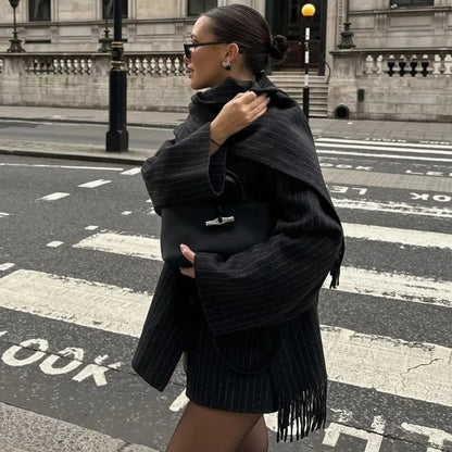 maoxiangshop  -  Fashion Striped Scarf Collar Short Jacket Women Elegant Wool Blend Single Breasted Crop Coat 2024 New Autumn Street Warm Outwear
