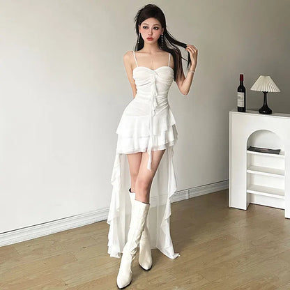 maoxiangshop Sexy Ruffle Mesh Dresses Women Sleeveless Black Prom Dress White Aesthetics Clothing Sweet  Asymmetrical Summer Dress