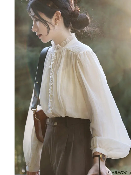 maoxiangshopThin Transparent Lace Tops Women Korea Style Design 2023 French Elegant Office Lady Cute Girls Chic Ruffles Basic Shirts Blouse