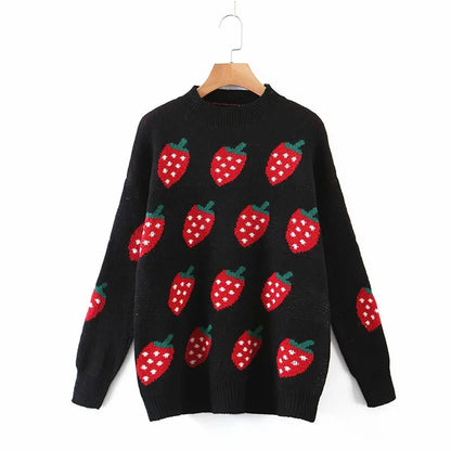 maoxiangshop Cute Strawberry Sweater Women Soft Jacquard Knit Pullover Jumper Teen Girl Autumn Winter Outfit