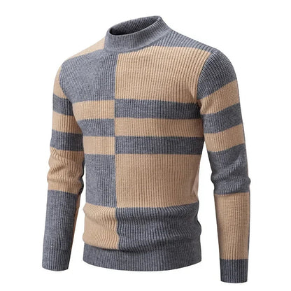 maoxiangshop Men's Autumn Winter New Mock Neck Pullovers Fashion Patchwork Knitted Warm Sweater Man Slim Fit Casual Knitwear Sweaters Tops