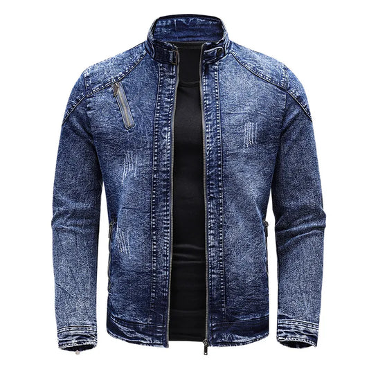 maoxiangshop New Motorcycle Denim Jacket Men Retro Zippers Stand Collar Denim Coats Mens Cotton Slim Fit Denim Jacket Moto Biker Outerwear