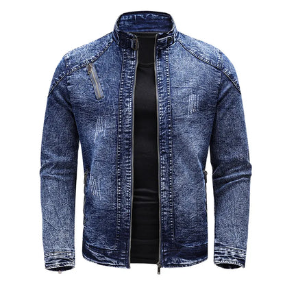 maoxiangshop New Motorcycle Denim Jacket Men Retro Zippers Stand Collar Denim Coats Mens Cotton Slim Fit Denim Jacket Moto Biker Outerwear