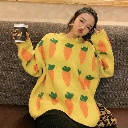 maoxiangshop Women's Carrot Sweater Cozy Knit Cute Cartoon Crew Neck Long Sleeve Oversized Pullover Jumper Fall Winter