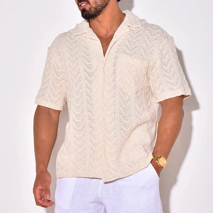 maoxiangshop Summer Trendy Breathable Knit Mens Shirt Short Sleeve Lapel Buttoned Knitted Tops Beach Style Vintage Jacquard Crochet Knitwear