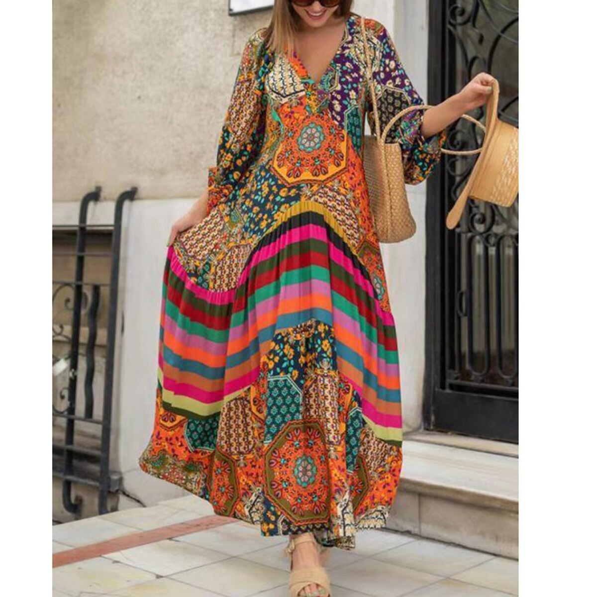 Retro Ethnic Print Dress New Spring Summer Half-sleeve Casual Dress Ladies Sexy V-neck Stitching Pleated Drape Maxi Dress CD