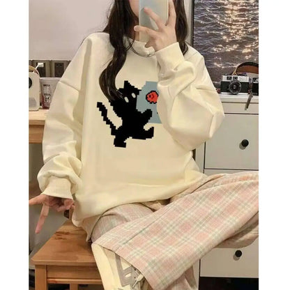 HOUZHOU Kawaii Y2K Grey Crewneck Sweatshirts Women Japanese 2000s Style Cute Long Sleeve Hoodies Harajuku Cotton Tops Winter
