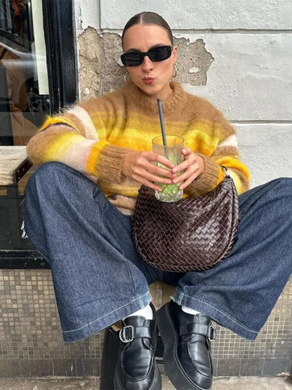 maoxiangshop  -  Fashion Contrast Stripled Sequins Women Sweater Autumn Lady Vintage O-neck Long Sleeve Pullover Warm Fluffy Knitted Jumpers