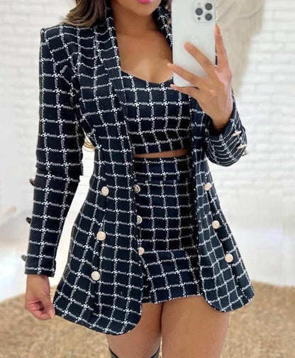 maoxiangshop 3Pcs Women Outfit Autumn Fashion Plaid Print Shawl Collar Long Sleeve Blazer Coat & Elegant Mini Shorts Set with Crop Top