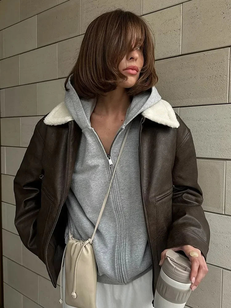 maoxiangshop  -  Solid Color Full Sleeve Zipper Faux Leather Jackets For Women Lamb Wool Lapel Demi-season Coats Autumn Warm New High Streetwear