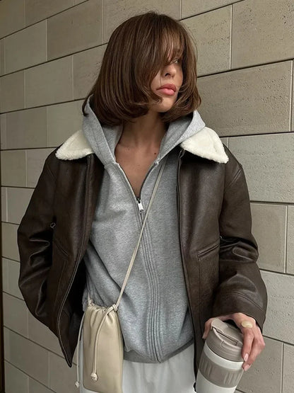 maoxiangshop  -  Solid Color Full Sleeve Zipper Faux Leather Jackets For Women Lamb Wool Lapel Demi-season Coats Autumn Warm New High Streetwear