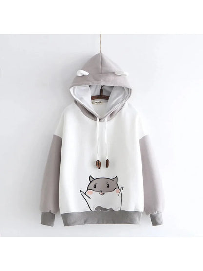 Women Cartoon Print With Ears On Hood Hoodies Sweatshirts 2020 Winter Long Sleeve Hooded Tracksuit Loose Pullovers