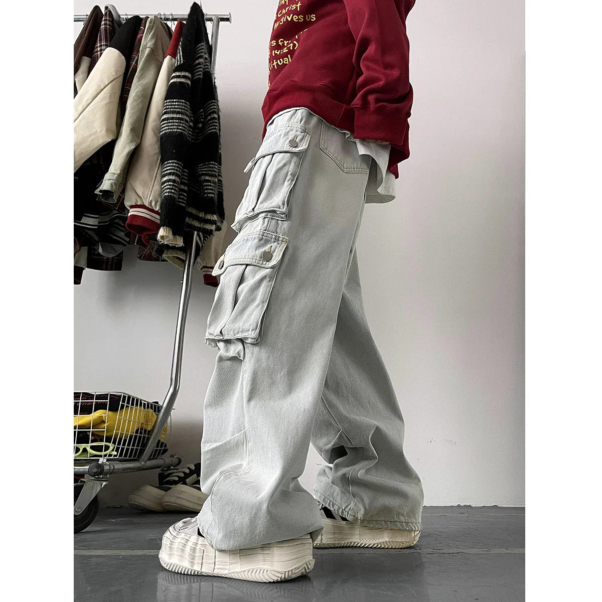 maoxiangshop Light Blue Cargo Jeans Men's Patchwork Straight Casual Trousers Men Muti-pockets Hip Hop Streetwear Loose Fashion Pants