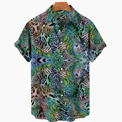 maoxiangshop Short Sleeve Leopard Men's Shirts For Man Clothing Hawaiian Fashion 3D Print Thin Lapel Floral Casual Oversized Imported Camisa