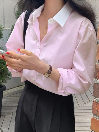 maoxiangshop Striped Shirt Women Contrast Color Casual Blouse Female Lapel Long Sleeve Chic Shirts Ladies Fashion Loose Office Shirt Spring