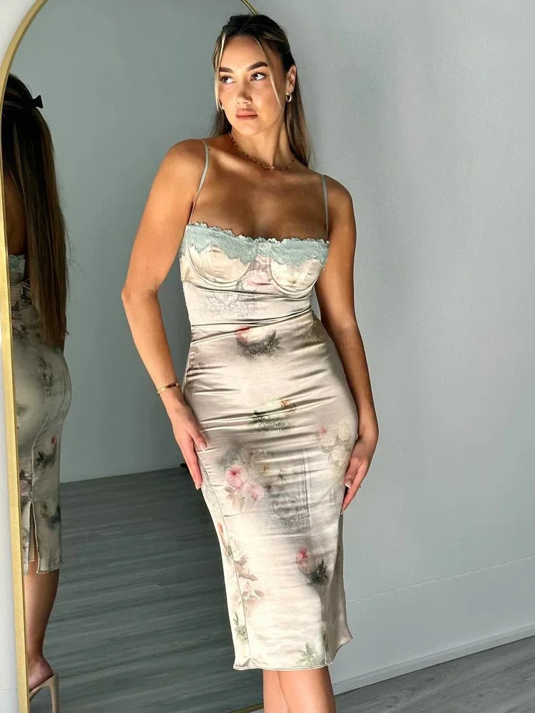 Elegant Summer Spaghetti Strap Bodycon Dress Sexy Floral Printing Birthday Party Dresses Midi Women Dress