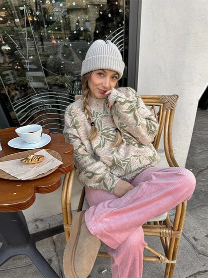 maoxiangshop -  Fashion Flower Printed Knitted Sweater For Women Round Neck Long Sleeves Loose Pullover Autumn Winter Lady High Street Jumper