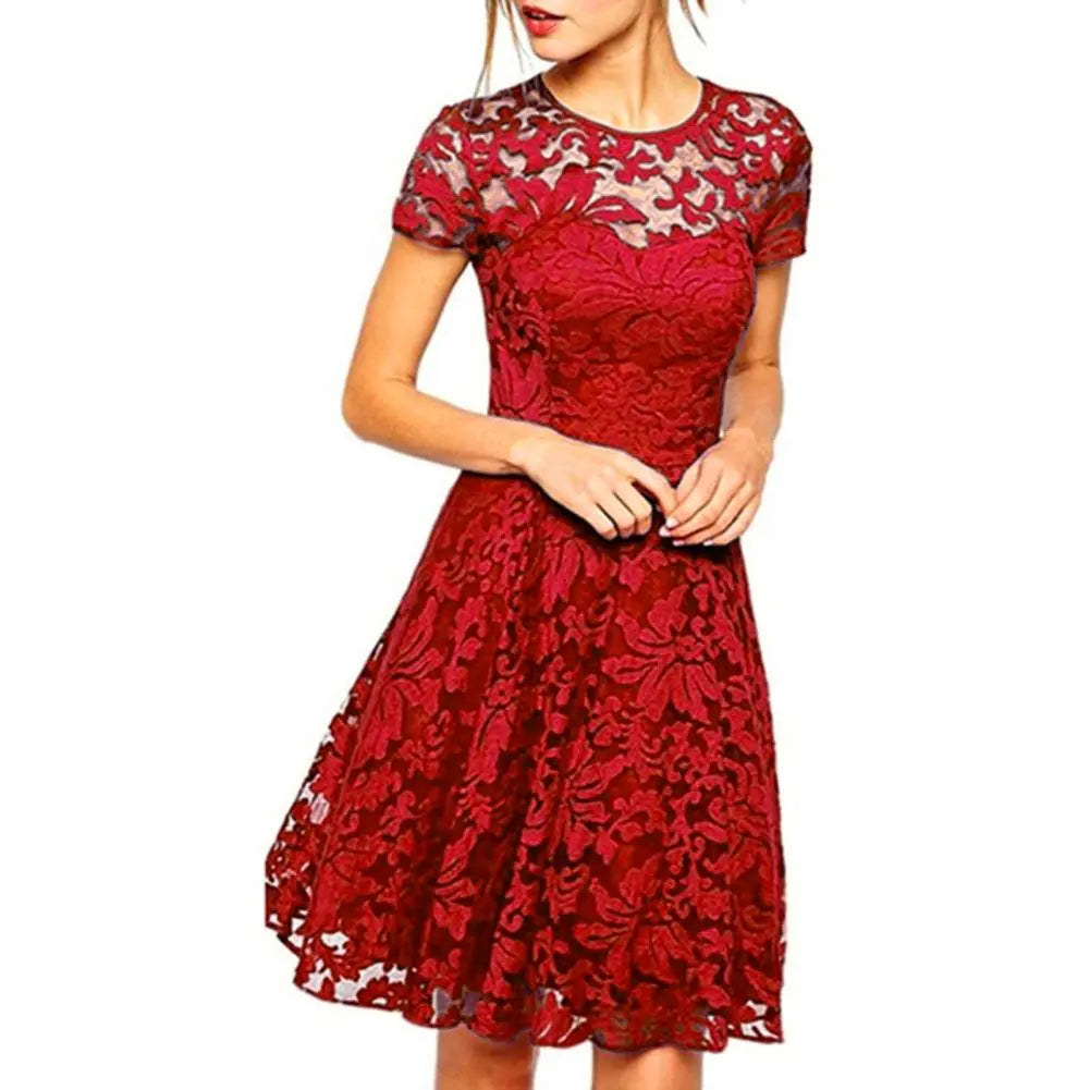 maoxiangshop Women Summer Dress See-through Hollow Out Lace Party Mini Dress Round Neck A-line Plus Size Prom Dress Women Clothes