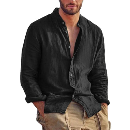 maoxiangshop New Men's Solid Color Long Sleeve Shirt Linen Cotton Shirts Trend Plus-size Stand Collar Casual Lightweight Beach Tops
