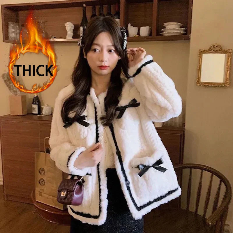 Sweet Faux Lamb Wool Coat Women Thick Bow Patchwork Jacket Winter Vintage Korean Elegant Faux Fur Casual Outerwear Tops