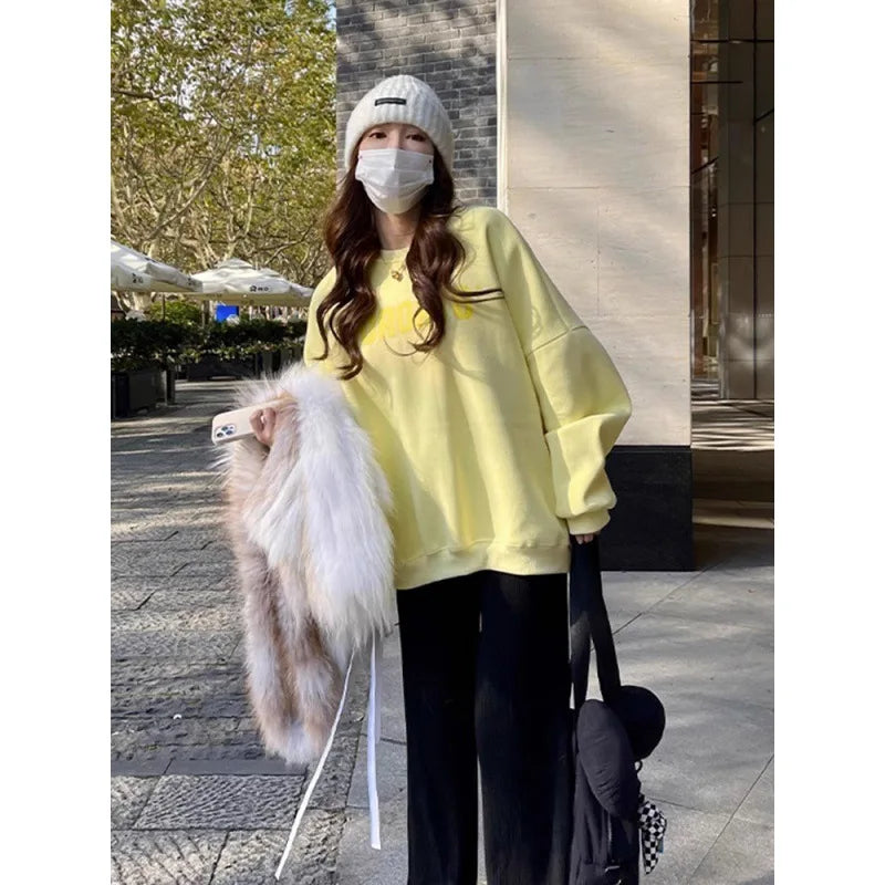 2024 Spring New Creamy Yellow Baggy Sweatshirt Women Fashion Letter Printing Street Lazy Wind Pullover Tops Korean Y2k Clothes