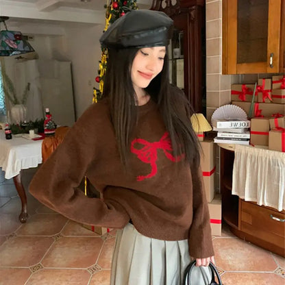 maoxiangshop  -  Women Autumn Winter Vintage Fashion Loose Bow O-neck Long Sleeve Knitwear Women Clothes Office Lady All-match Temperament Tops