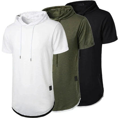 maoxiangshop Summer Hooded Sweatwear New Mens Short Sleeve Loose T-shirt Solid Color Lightweight Hoodie Fitness Breathable Collar Tops